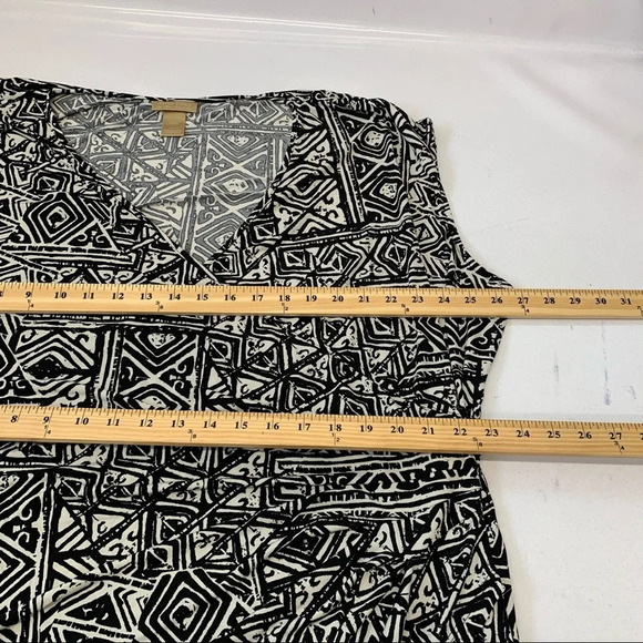 Miss Tina Faux Wrap Black Print Dress 4X Ruched  Stretch Knit Knee Length Office - Picture 10 of 11